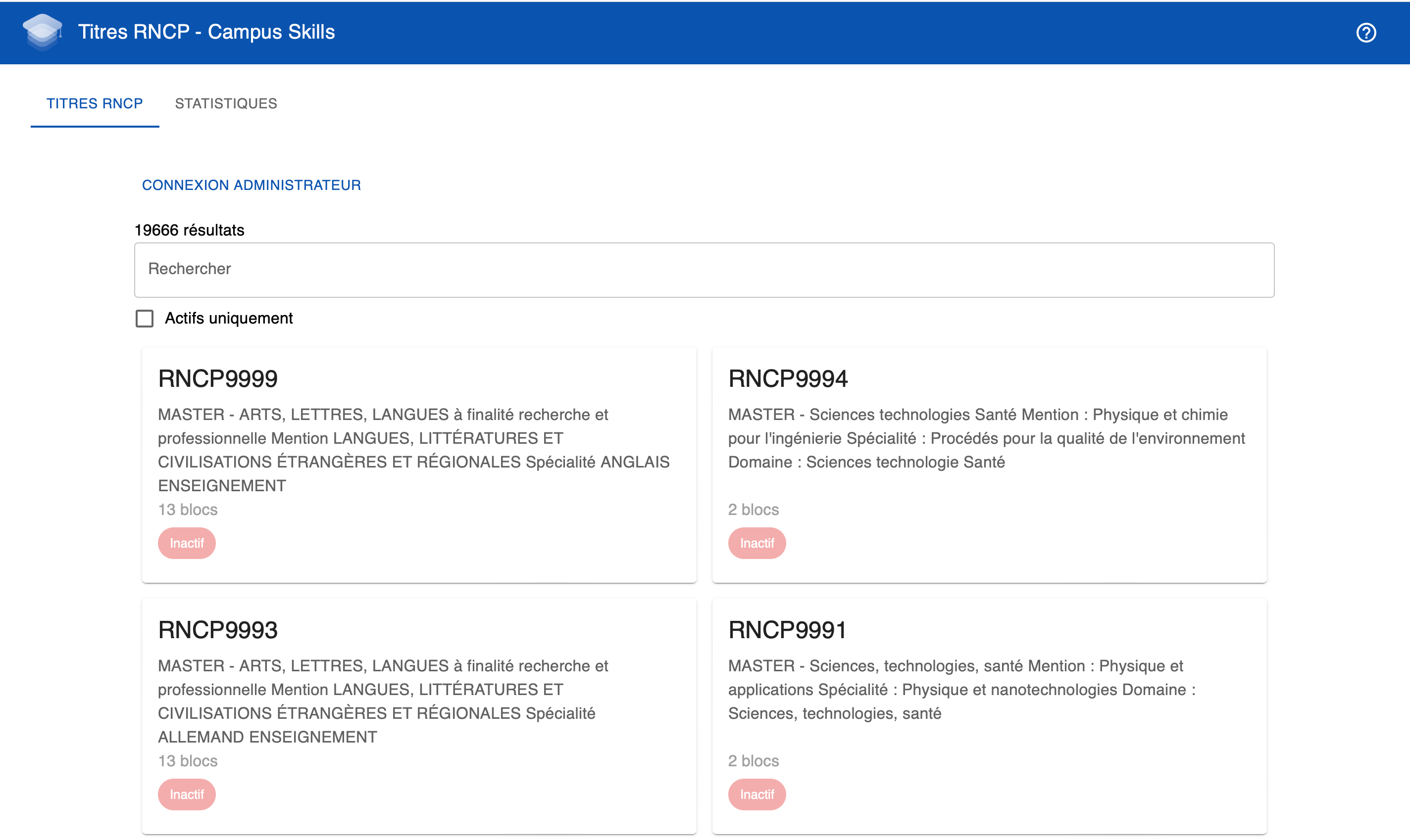 Vue de liste des titres RNCP